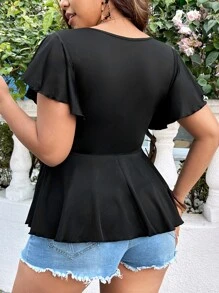 SHEIN Clasi Plus Fake Button Butterfly Sleeve Peplum Tee - Black - View 2