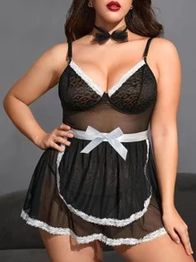 Plus Lace Trim Mesh Maid Costume Slips With Thong - Black - View 3