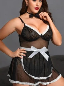 Plus Lace Trim Mesh Maid Costume Slips With Thong - Black - View 5