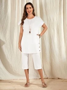 EMERY ROSE Solid Button Side Top & Capris Pants - White - View 1