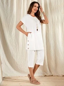 EMERY ROSE Solid Button Side Top & Capris Pants - White - View 5