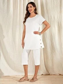 EMERY ROSE Solid Button Side Top & Capris Pants - White - View 2