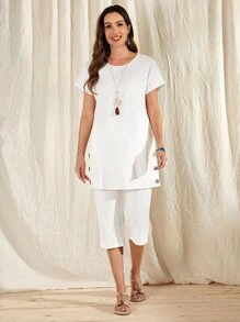 EMERY ROSE Solid Button Side Top & Capris Pants - White - View 6