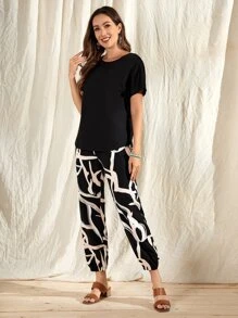 EMERY ROSE Solid Tee & Allover Print Trousers - Black - View 3