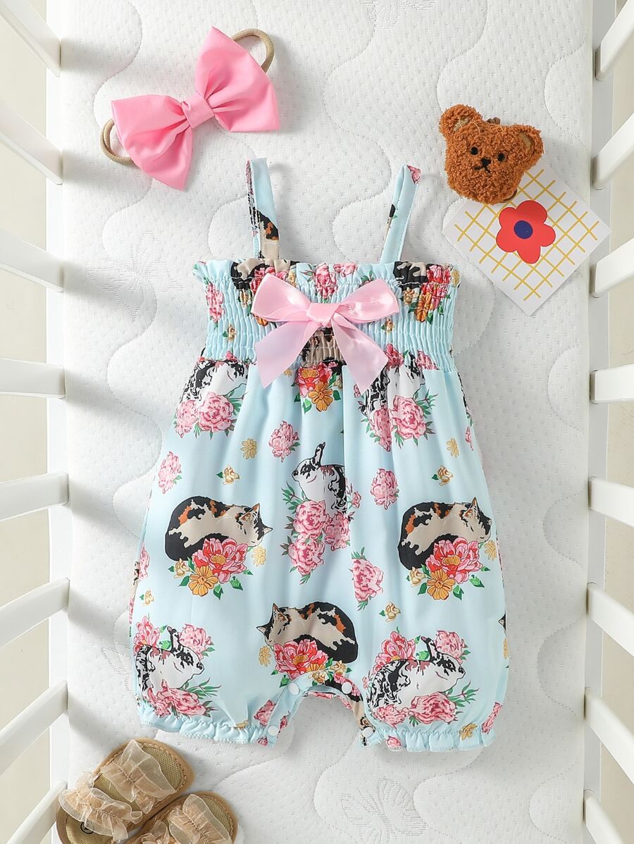 嬰兒花和貓印花前蝴蝶結打褶吊帶連體短褲