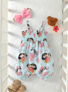 嬰兒花和貓印花前蝴蝶結打褶吊帶連體短褲