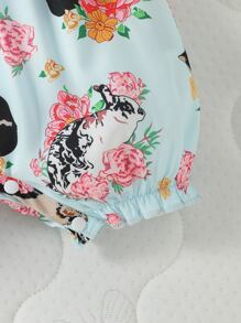 嬰兒花和貓印花前蝴蝶結打褶吊帶連體短褲