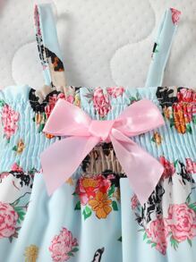 嬰兒花和貓印花前蝴蝶結打褶吊帶連體短褲