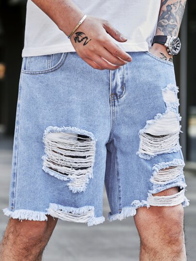 Manfinity Roughcore Pantaloncini di jeans da uomo distressed, in cotone, con motivo a scala, Jorts larga