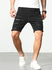 Manfinity LEGND Men Cotton Ripped Frayed Roll Hem Bermuda Denim Shorts - Black - View 1
