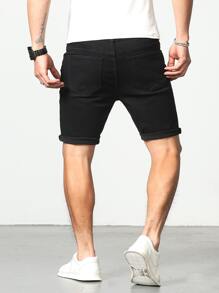 Manfinity LEGND Men Cotton Ripped Frayed Roll Hem Bermuda Denim Shorts - Black - View 2