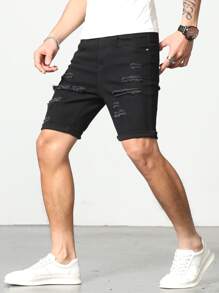 Manfinity LEGND Men Cotton Ripped Frayed Roll Hem Bermuda Denim Shorts - Black - View 3