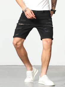 Manfinity LEGND Men Cotton Ripped Frayed Roll Hem Bermuda Denim Shorts - Black - View 4