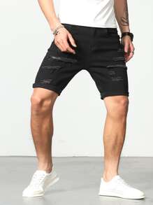 Manfinity LEGND Men Cotton Ripped Frayed Roll Hem Bermuda Denim Shorts - Black - View 7