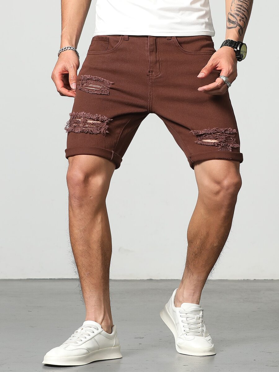 Manfinity LEGND Hombres Shorts mezclilla bermuda algodón desgarro crudo - Café integral - Ver 1