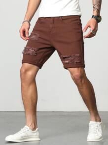Manfinity LEGND Hombres Shorts mezclilla bermuda algodón desgarro crudo - Café integral - Ver 3