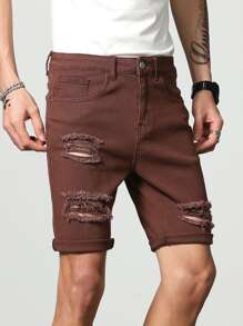 Manfinity LEGND Hombres Shorts mezclilla bermuda algodón desgarro crudo - Café integral - Ver 4