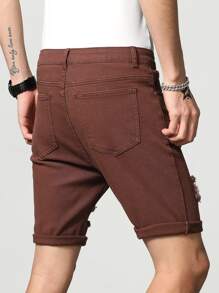 Manfinity LEGND Hombres Shorts mezclilla bermuda algodón desgarro crudo - Café integral - Ver 5
