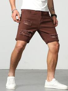 Manfinity LEGND Hombres Shorts mezclilla bermuda algodón desgarro crudo - Café integral - Ver 6
