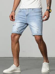 Manfinity Homme Men Cotton Ripped Frayed Bleach Wash Bermuda Denim Shorts - Light Wash - View 1