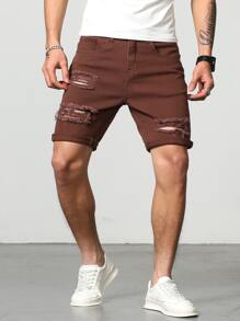 Manfinity LEGND Hombres Shorts mezclilla bermuda algodón desgarro crudo - Café integral - Ver 7