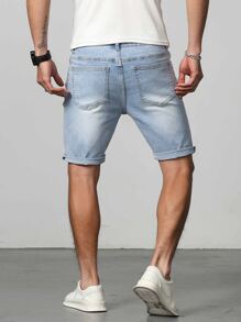 Manfinity Homme Men Cotton Ripped Frayed Bleach Wash Bermuda Denim Shorts - Light Wash - View 2