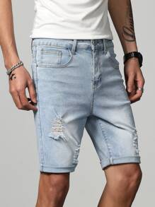 Manfinity Homme Men Cotton Ripped Frayed Bleach Wash Bermuda Denim Shorts - Light Wash - View 3