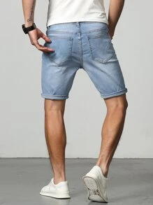 Manfinity Homme Men Cotton Bleach Wash Bermuda Denim Shorts - Light Wash - View 2
