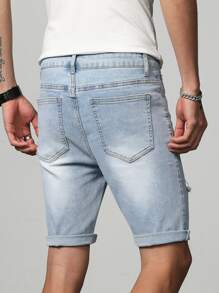Manfinity Homme Men Cotton Ripped Frayed Bleach Wash Bermuda Denim Shorts - Light Wash - View 4