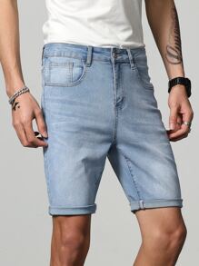 Manfinity Homme Men Cotton Bleach Wash Bermuda Denim Shorts - Light Wash - View 3