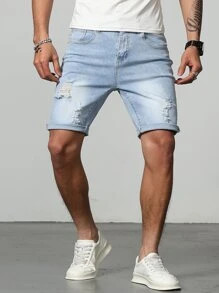 Manfinity Homme Men Cotton Ripped Frayed Bleach Wash Bermuda Denim Shorts - Light Wash - View 5