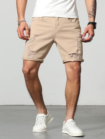 Shorts Bermuda en denim pour hommes en coton déchiré et effrangé, couleur unie kaki, style vacances et amis vintages