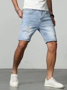 Manfinity Homme Men Cotton Ripped Frayed Bleach Wash Bermuda Denim Shorts - Light Wash - View 6