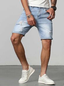 Manfinity Homme Men Cotton Ripped Frayed Bleach Wash Bermuda Denim Shorts - Light Wash - View 7