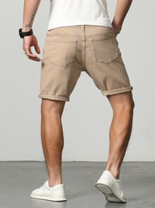 Manfinity Homme Men Cotton Ripped Frayed Bermuda Shorts Denim Jorts Plain Khaki Vacation Vintage Friends