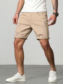 Manfinity Homme Men Cotton Ripped Frayed Bermuda Shorts Denim Jorts Plain Khaki Vacation Vintage Friends