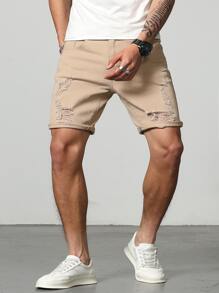 Manfinity Homme Men Cotton Ripped Frayed Bermuda Shorts Denim Jorts Plain Khaki Vacation Vintage Friends