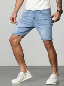 Manfinity Homme Men Cotton Bleach Wash Bermuda Denim Shorts - Light Wash - View 7