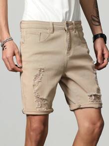 Manfinity Homme Men Cotton Ripped Frayed Bermuda Shorts Denim Jorts Plain Khaki Vacation Vintage Friends