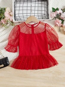 SHEIN Chicas Blusa de malla en contraste de manga con volante bajo con fruncido - Rojo - Ver 1