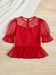 SHEIN Chicas Blusa de malla en contraste de manga con volante bajo con fruncido - Rojo - Ver 2