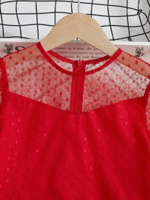 SHEIN Chicas Blusa de malla en contraste de manga con volante bajo con fruncido - Rojo - Ver 3