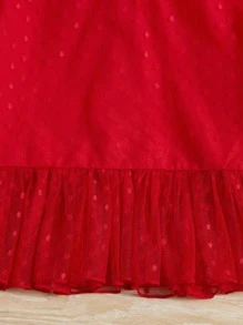 SHEIN Chicas Blusa de malla en contraste de manga con volante bajo con fruncido - Rojo - Ver 4