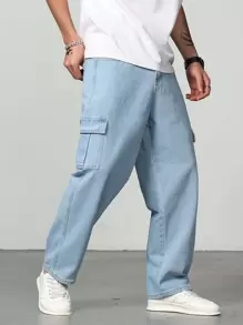 Manfinity Homme Loose Fit Men's Cotton Cargo Jeans With Flap Pockets - Light Wash - View 7