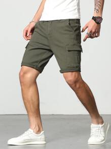 Manfinity Homme Men Cotton Flap Pocket Side Bermuda Denim Shorts - Army Green - View 1