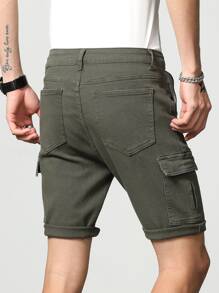 Manfinity Homme Men Cotton Flap Pocket Side Bermuda Denim Shorts - Army Green - View 4