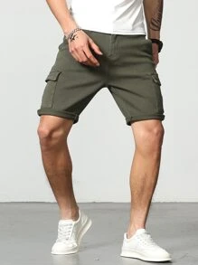 Manfinity Homme Men Cotton Flap Pocket Side Bermuda Denim Shorts - Army Green - View 6