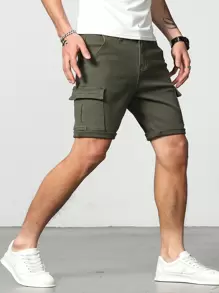 Manfinity Homme Men Cotton Flap Pocket Side Bermuda Denim Shorts - Army Green - View 7