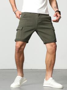 Manfinity Homme Men Cotton Flap Pocket Side Bermuda Denim Shorts - Army Green - View 8