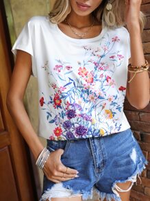 SHEIN LUNE Floral Print Round Neck Tee - White - View 1